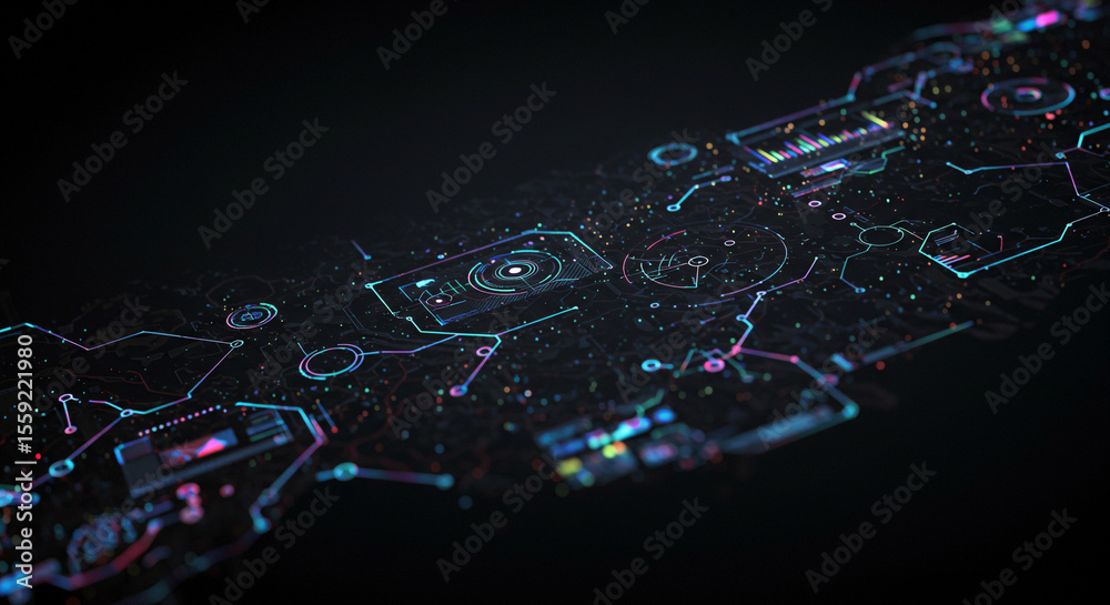 Poster a dark background with a futuristic interface design with glowing lines and shapes and abstract data