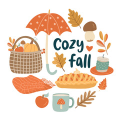 Hand drawn cozy fall composition with umbrella, basket, pie, mug, candle, blanket, and autumn leaves. Perfect for seasonal greeting cards and lettering designs.