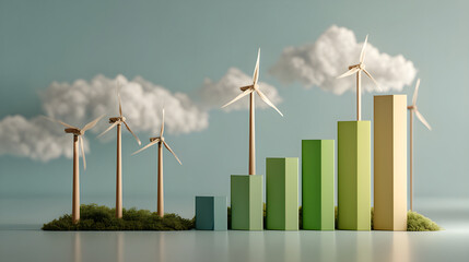 Representation of green energy: a growing bar chart with solar panels and wind turbines, eco-friendly pastel tones, clean business concept
