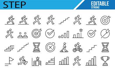 Fitness, Success, and Goal-Oriented Icons Featuring Steps and Movement