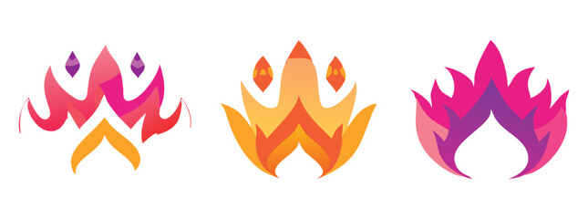 Vector art of set of three abstract fire illustrations with floral patterns in shades of orange, pink, and purple.