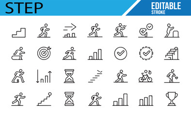 A collection of step and progress-related icons, featuring various stages of movement, achievements, and timelines, ideal for fitness, personal development, and goal-oriented themes.