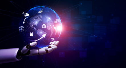 AI managing digital payment network, verifying transactions, enhancing security, and processing global financial transfers through connected platforms. Vouch