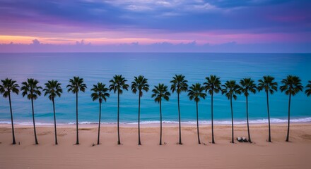 Obraz premium Serene Sunset Palm Trees Lining a Tropical Beach
