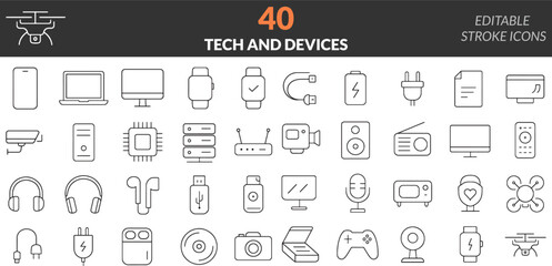 Vector device icons line art icon set of tech icons, device icons, line art, vector graphics, smartphone, laptop, computer, smartwatch, charging cable