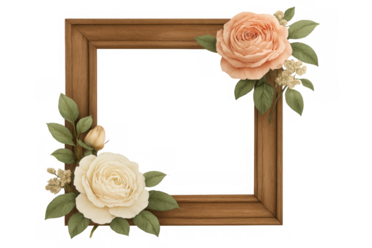 Elegant wooden frame decorated with pastel roses, leaves, and small white flowers, perfect for adding a touch of vintage charm to designs with transparent background - Powered by Adobe