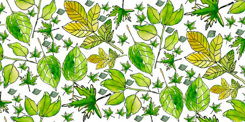 Abstract illustration featuring lush green leaves and botanical elements on patterned background