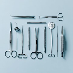 Surgical instruments meticulously arranged on a light blue surface for professional use and healthcare.