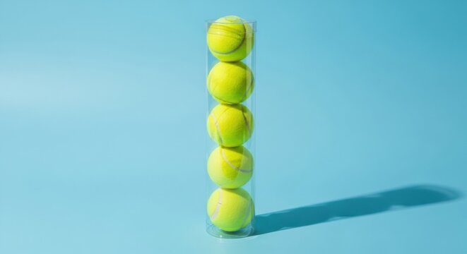 A tall transparent tube containing four vibrant yellow tennis balls, stacked vertically, casting a long shadow on a bright blue background, ideal for sports product imagery.