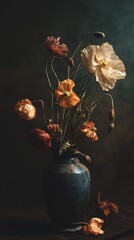 Withered poppies in a dark vase create a moody still life with a vintage vibe.