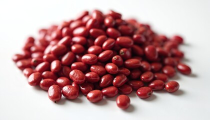Close-up of red kidney beans heap on white surface. Healthy ingredient for vegetarian food, vegan diet. Dry raw organic beans for cooking, agriculture.