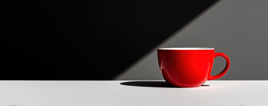 A striking red mug against a contrasting black and white background, minimalist and stylish.