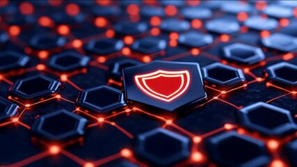 Futuristic digital shield icon on a glowing hexagonal network symbolizes cybersecurity, data protection, and encryption ideal for tech and security concepts