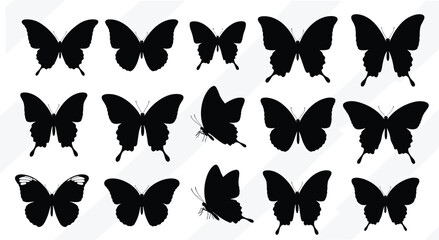Butterfly silhouettes, wing patterns, insect shapes, black outline set, graphic elements, flying insects, nature icons, diverse butterflies, grid layout, vector design, entomology  