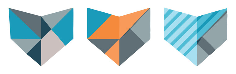 Vector art of three abstract geometric shapes in gray, teal, and orange colors, isolated on white background.