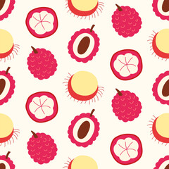 Lychee exotic fruits cartoon seamless pattern