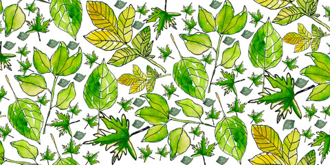 Vibrant green foliage watercolor art with abstract geometric background blend