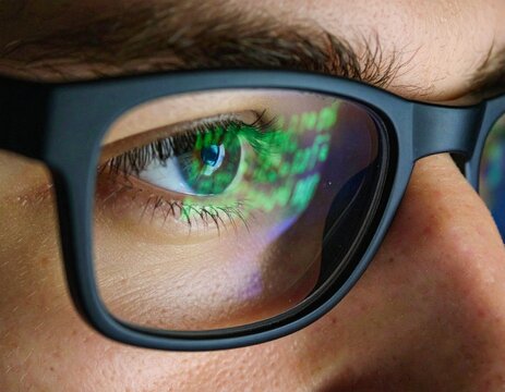 Focused Hacker Eyes Reflecting Computer Code
