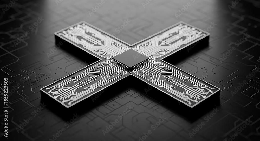 Poster cpu forming an x symbol on circuit board: futuristic technology