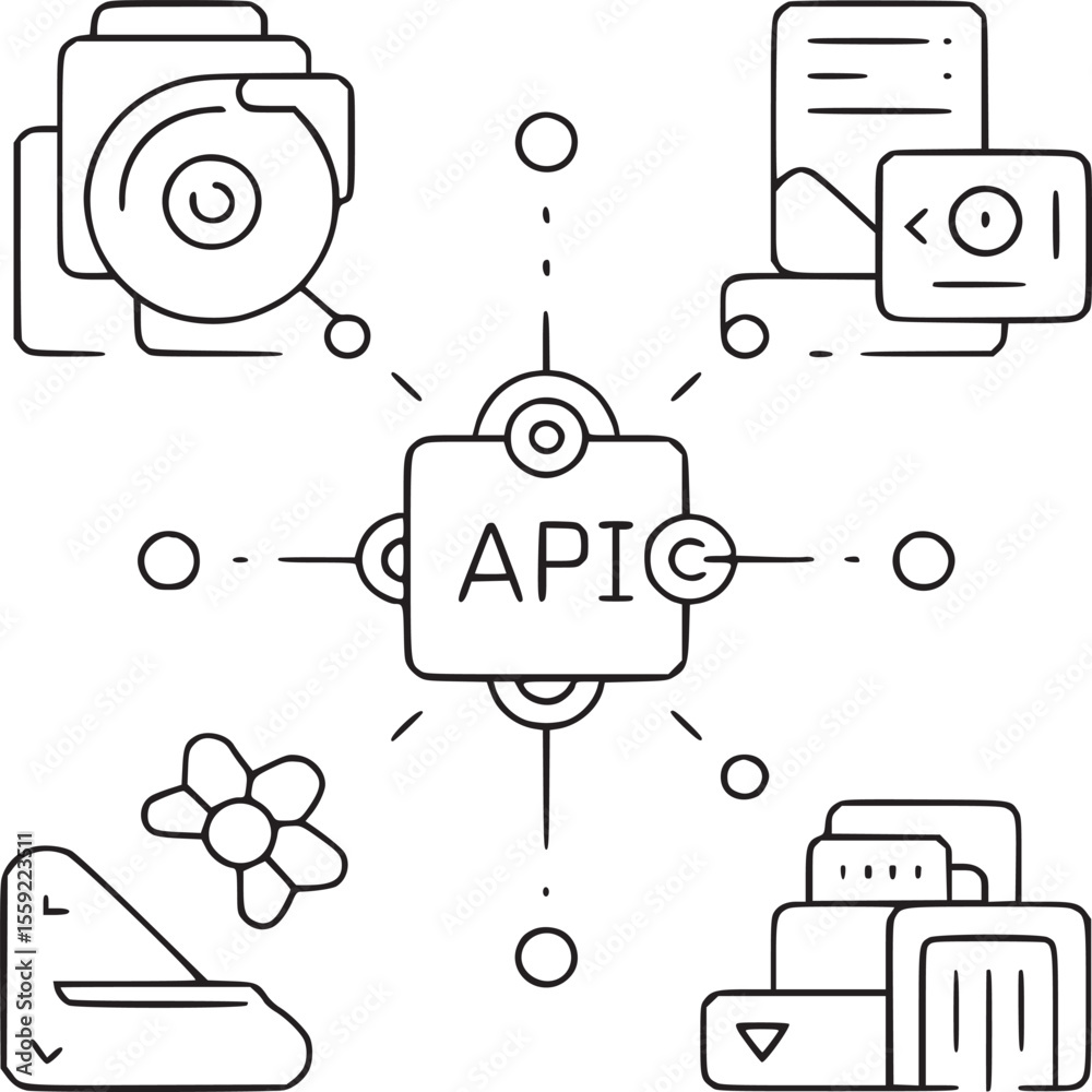 Poster illustration of api connection with various icons connected to a central square api hub