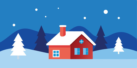 Christmas Scene With Snow Covered House Landscape