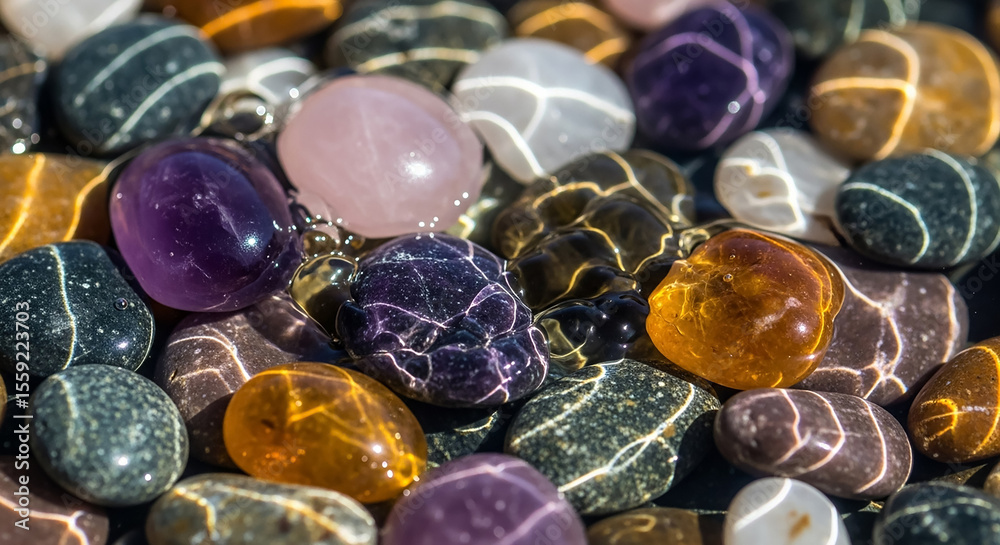 Fototapete wet colorful gemstones are reflecting light and creating beautiful patterns
