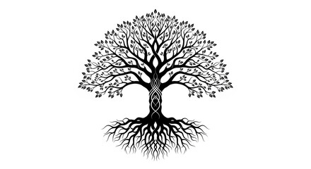 Black and white tree of life with intricate roots and branches symbolizing growth and connection