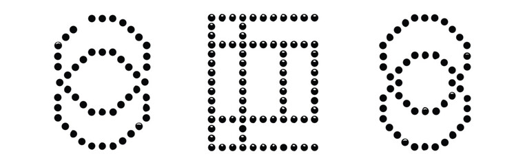 Vector art of three simple geometric shapes made of black dots isolated on white background.