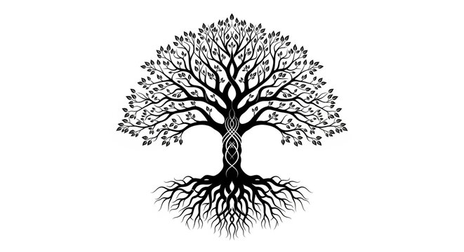 Black and white tree of life with intricate roots and branches symbolizing growth and connection