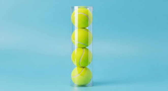 A transparent tube filled with four vibrant yellow tennis balls, stacked vertically, presented against a bright blue background, symbolizing new tennis equipment or a fresh start.