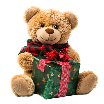 Naklejki Festive teddy bear holding a Christmas gift a perfect holiday present