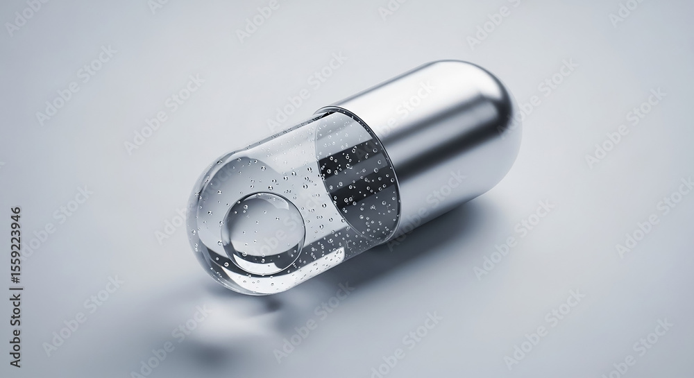 Poster transparent pill revealing liquid formula with tiny bubbles on neutral background