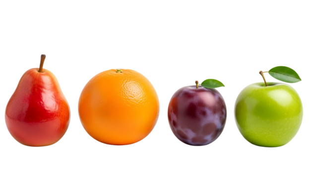 A row of pear, orange, plum and apple against transparent background 