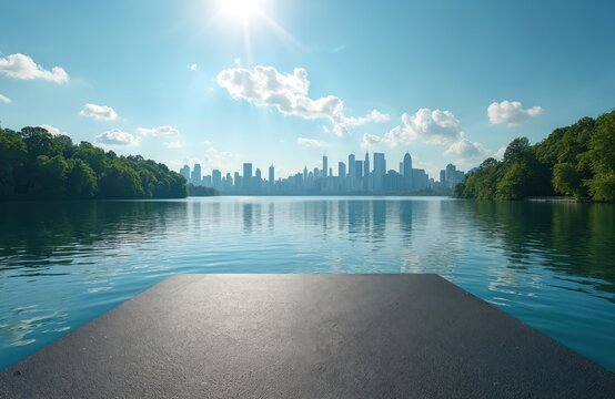 Asphalt road platform overlooking lake with city skyline backdrop. Modern urban panorama with building skyscrapers reflected in calm water. Nature with green trees, sky, clouds at summer day.