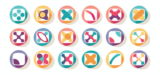 Vector art of set of colorful geometric icons and design elements, isolated on white background.