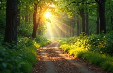 Obraz premium Sunlight streams through trees along path in woodland. Bright sun rays create magical atmosphere. Nature landscape, scenic idyll spring summer season background for travel, hiking, vacation, eco