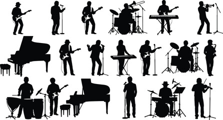 Musician silhouettes, live band, musical instruments, concert performance, singer, guitarist, drummer, jazz band, orchestra elements, music scene, trumpet, microphone, saxophone, keyboard, 
