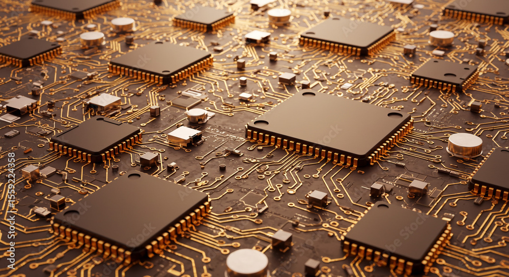 Poster detailed view of a complex circuit board with multiple integrated chips and intricate pathways