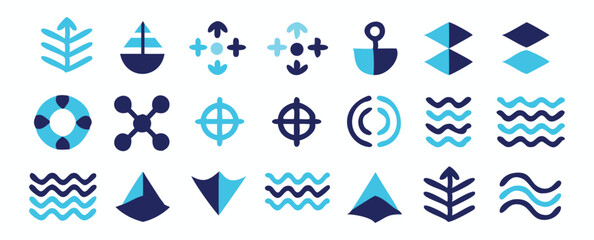 Vector art of a set of twenty-one nautical icons isolated on white background, featuring various symbols related to navigation, travel, and the sea, in shades of blue.