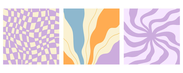 Distorted wavy retro patterns background set