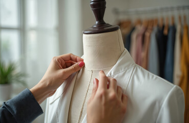 Seamstress adjusting garment collar details mannequin in fashion studio. Female tailor sewing clothes in dressmaking atelier. Tailoring clothing, apparel design manufacturing. Sewing workshop for new