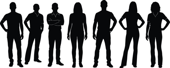 Silhouette collection, people standing, full body outline, diverse poses, human figures, white background, confident stance, casual posture, individuals