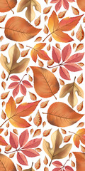 Abstract autumn collage featuring various leaves in warm hues and white background