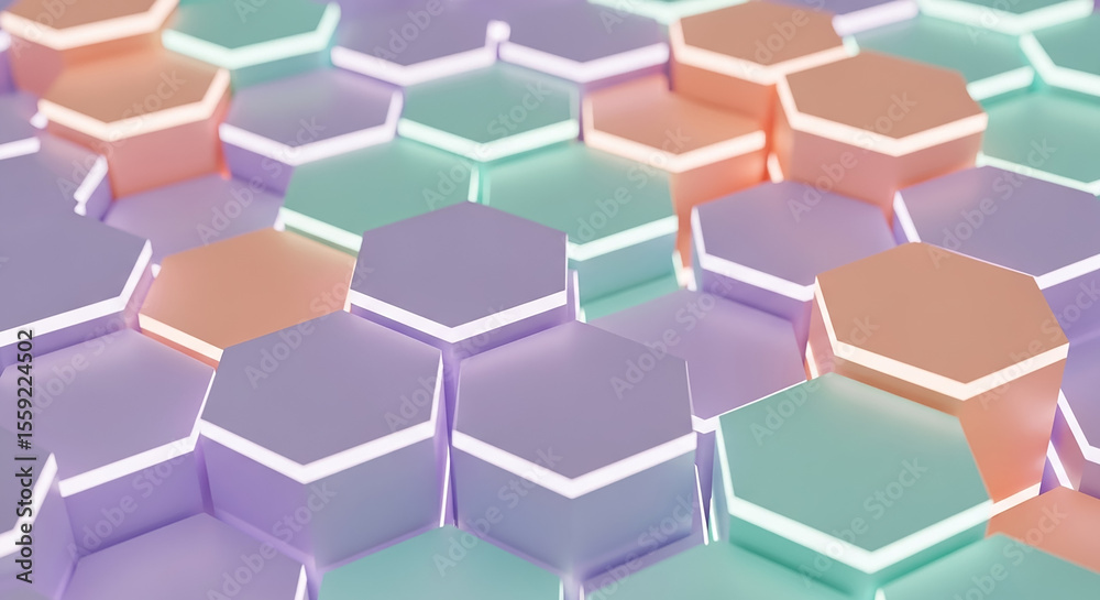 Poster pastel colored hexagons forming a futuristic technological honeycomb structure are glowing with neon