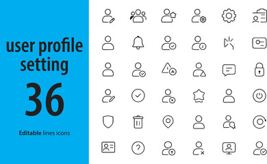 User Profile and Settings Line Icons, Account, Gear, Notification, Password, Edit Profile, Preferences, and More , Editable Formats: AI, EPS, JPG, PNG , Ideal for Both Digital and Print Use

