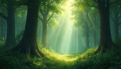 Rich forest landscape with sunlight beams penetrating canopy. Green trees, leaves, grass. Peaceful, tranquil environment scene for nature lovers, outdoor recreation, eco projects.