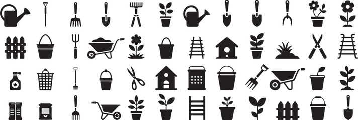 Gardening tools plants watering can fence bucket vector