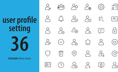 User Profile and Settings Line Icons, Account, Gear, Notification, Password, Edit Profile, Preferences, and More , Editable Formats: AI, EPS, JPG, PNG , Ideal for Both Digital and Print Use

