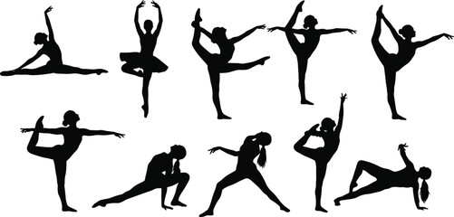 Ballet silhouettes, dancer poses, elegant motion, arabesque positions, split stances, graceful movement, performing arts, female dancers, black outlines, dance collection, flexibility, 