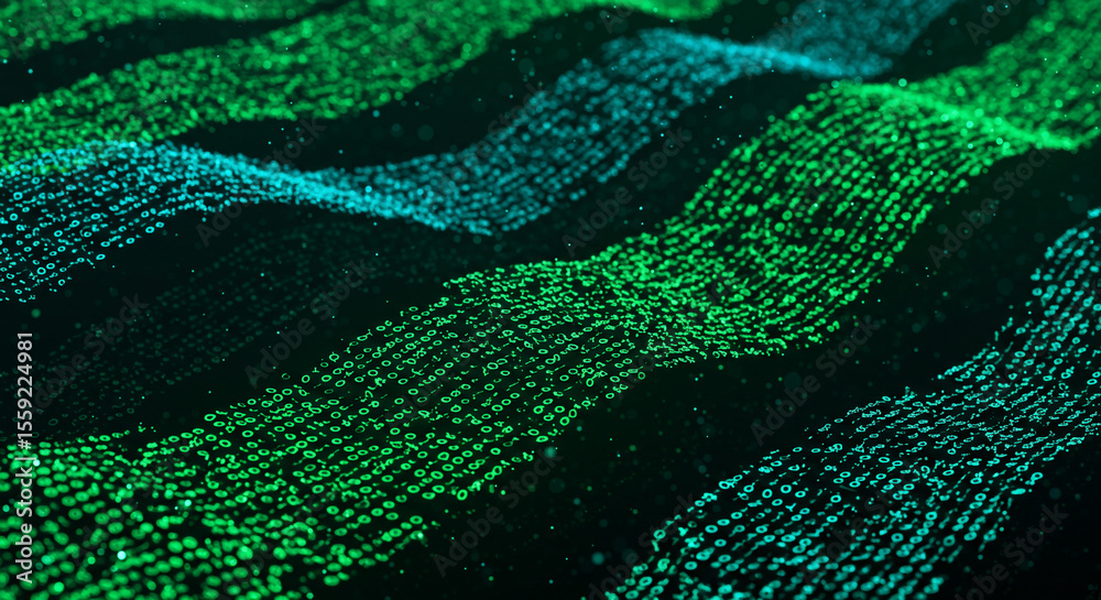 Poster a digital landscape of green and blue flowing streams of binary code on a dark background